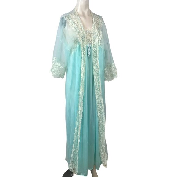 VINTAGE JOAN COLLINS- WOMEN'S MEDIUM - BLUE 2 PIECE NYLON NIGHT GOWN & ROBE SET - Picture 1 of 9